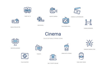 cinema concept 14 colorful outline icons. 2 color blue stroke icons