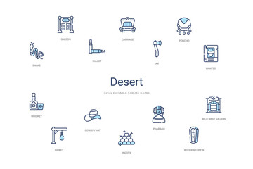 desert concept 14 colorful outline icons. 2 color blue stroke icons