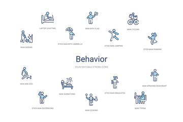 behavior concept 14 colorful outline icons. 2 color blue stroke icons