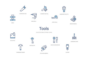 tools concept 14 colorful outline icons. 2 color blue stroke icons