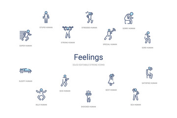 feelings concept 14 colorful outline icons. 2 color blue stroke icons