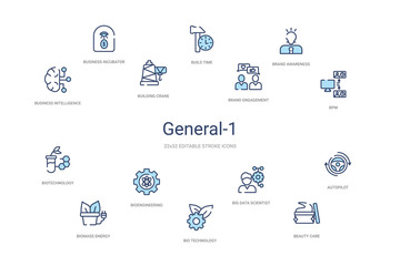 general-1 concept 14 colorful outline icons. 2 color blue stroke icons