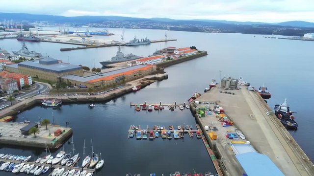 Aerial view of the Ferrol harbour in Spain on a beautiful calm day