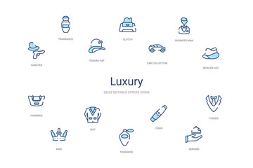 luxury concept 14 colorful outline icons. 2 color blue stroke icons