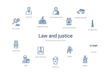 law and justice concept 14 colorful outline icons. 2 color blue stroke icons