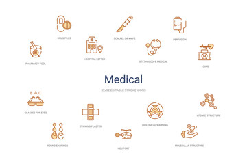 medical concept 14 colorful outline icons. 2 color blue stroke icons