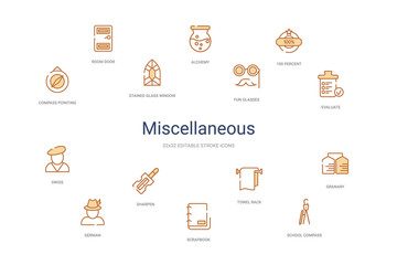 miscellaneous concept 14 colorful outline icons. 2 color blue stroke icons