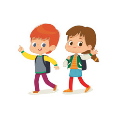 Vector illustration of two kids with the backpacks are going to school. Preschool friends boy and girl are walk to school. Brother and sister isolated.
