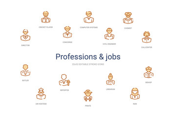 professions & jobs concept 14 colorful outline icons. 2 color blue stroke icons