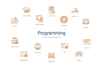 programming concept 14 colorful outline icons. 2 color blue stroke icons