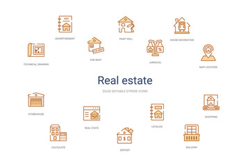 real estate concept 14 colorful outline icons. 2 color blue stroke icons