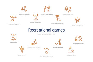recreational games concept 14 colorful outline icons. 2 color blue stroke icons