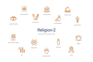 Fototapeta na wymiar religion-2 concept 14 colorful outline icons. 2 color blue stroke icons