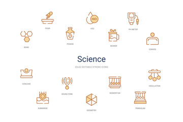 science concept 14 colorful outline icons. 2 color blue stroke icons