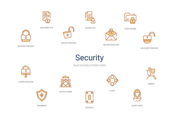 security concept 14 colorful outline icons. 2 color blue stroke icons