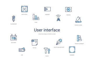 user interface concept 14 colorful outline icons. 2 color blue stroke icons