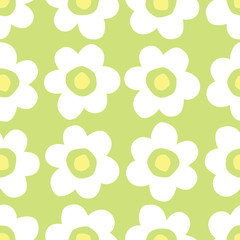 Large White Retro Graphic Daisies Blooms on White Background Vector Seamless Pattern