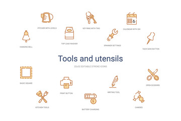 tools and utensils concept 14 colorful outline icons. 2 color blue stroke icons