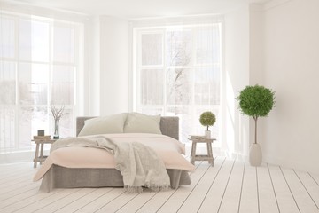 Stylish bedroom in white color with winter landscape in window. Scandinavian interior design. 3D illustration