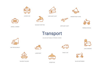 transport concept 14 colorful outline icons. 2 color blue stroke icons