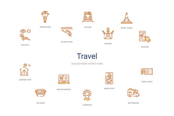 travel concept 14 colorful outline icons. 2 color blue stroke icons