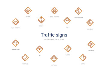 traffic signs concept 14 colorful outline icons. 2 color blue stroke icons