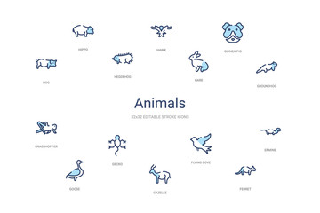 animals concept 14 colorful outline icons. 2 color blue stroke icons