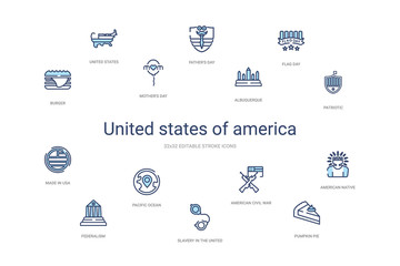 united states of america concept 14 colorful outline icons. 2 color blue stroke icons