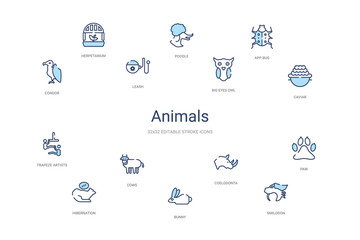 animals concept 14 colorful outline icons. 2 color blue stroke icons