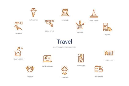 travel concept 14 colorful outline icons. 2 color blue stroke icons