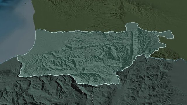 Akkar, governorate with its capital, zoomed and extruded on the administrative map of Lebanon in the conformal Stereographic projection. Animation 3D