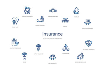 insurance concept 14 colorful outline icons. 2 color blue stroke icons