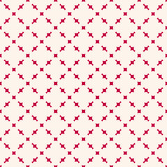 Red and white minimalist geometric seamless pattern. Elegant texture with grid, squares, lattice, small elements. Abstract repeat background. Luxury festive design for decoration, wrapping, gift paper