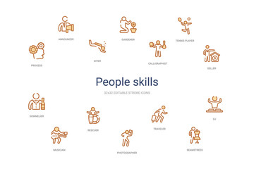 people skills concept 14 colorful outline icons. 2 color blue stroke icons