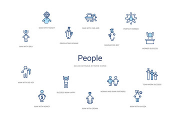 people concept 14 colorful outline icons. 2 color blue stroke icons