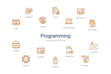 programming concept 14 colorful outline icons. 2 color blue stroke icons