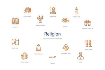 religion concept 14 colorful outline icons. 2 color blue stroke icons