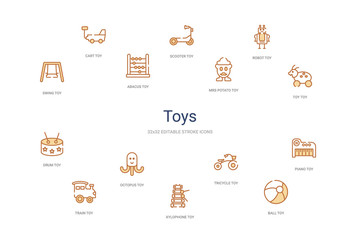 toys concept 14 colorful outline icons. 2 color blue stroke icons