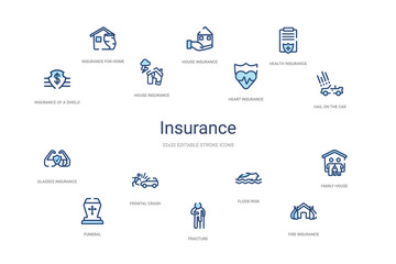 insurance concept 14 colorful outline icons. 2 color blue stroke icons