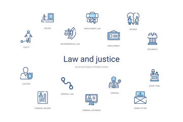 law and justice concept 14 colorful outline icons. 2 color blue stroke icons