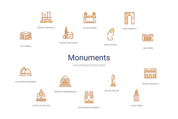 monuments concept 14 colorful outline icons. 2 color blue stroke icons