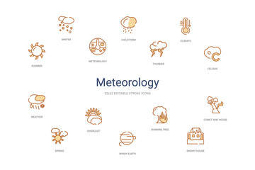 meteorology concept 14 colorful outline icons. 2 color blue stroke icons - obrazy, fototapety, plakaty