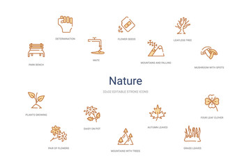 nature concept 14 colorful outline icons. 2 color blue stroke icons