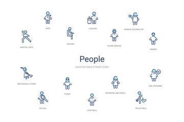 people concept 14 colorful outline icons. 2 color blue stroke icons