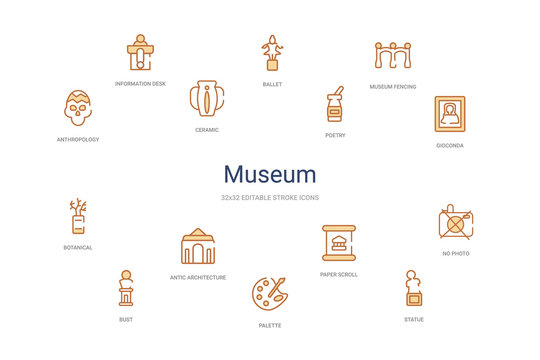museum concept 14 colorful outline icons. 2 color blue stroke icons