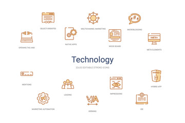 technology concept 14 colorful outline icons. 2 color blue stroke icons