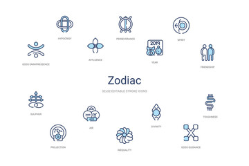 zodiac concept 14 colorful outline icons. 2 color blue stroke icons