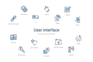 user interface concept 14 colorful outline icons. 2 color blue stroke icons