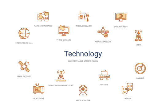 technology concept 14 colorful outline icons. 2 color blue stroke icons