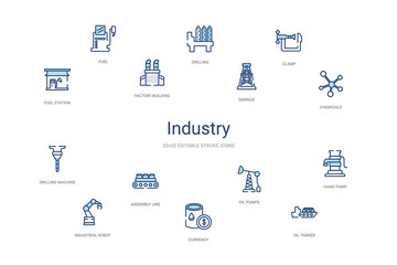 industry concept 14 colorful outline icons. 2 color blue stroke icons